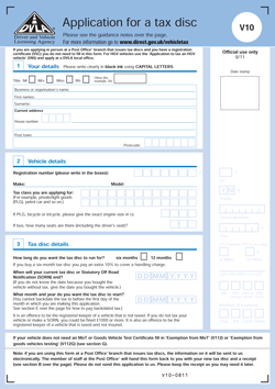 DVLA V10 Application form for tax disc