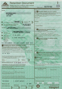DVLA form V778 Retention Certificate for number plates