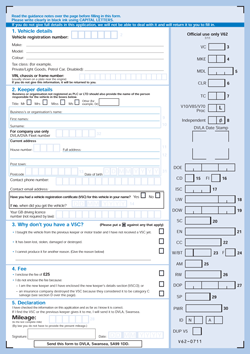 DVLA V62 Application for Vehicle Registration Document